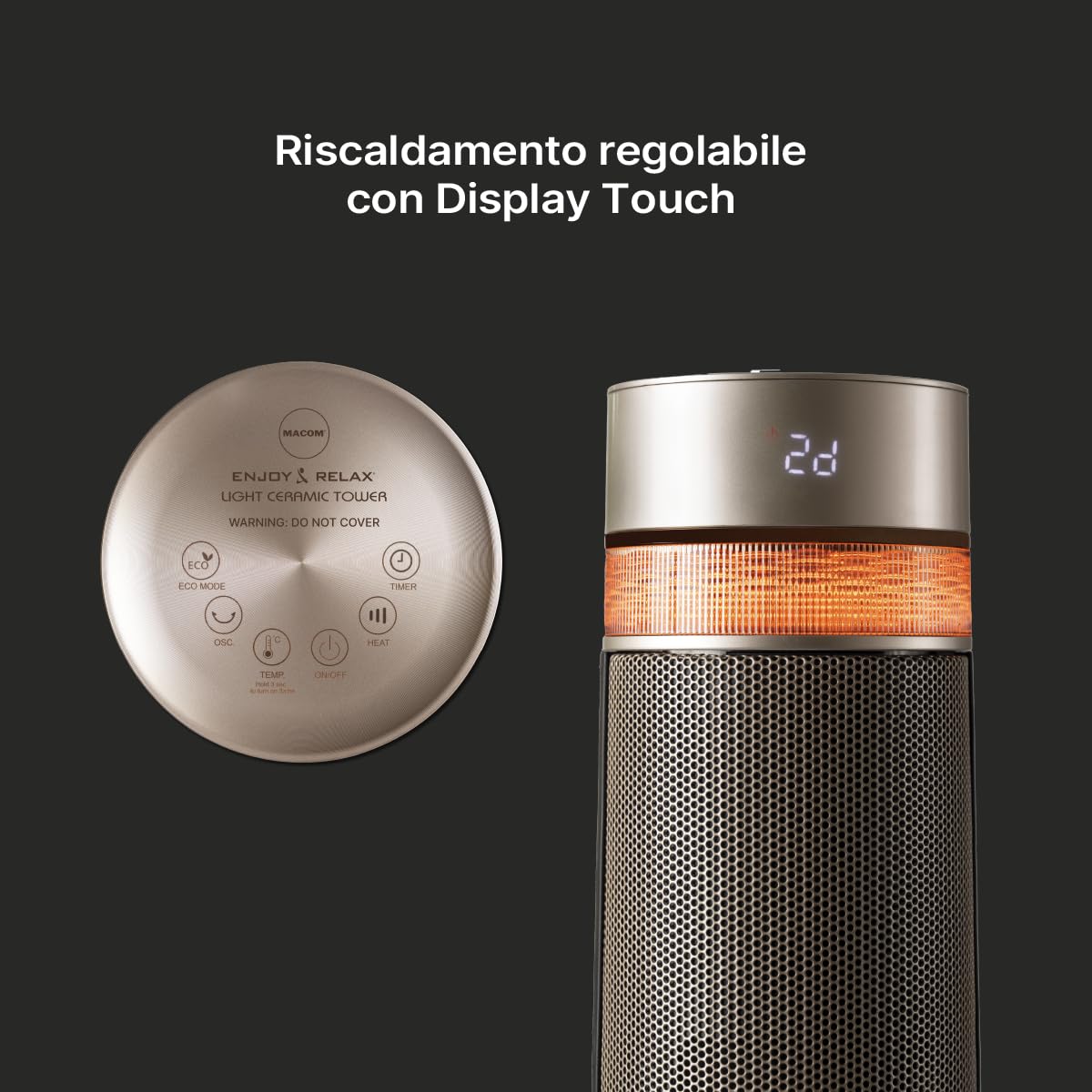 MACOM, Potente Termoventilatore Ceramico a Torretta, Silenzioso e di Design, con Telecomando, 2000W, Enjoy & Relax 944 Light Ceramic Tower
