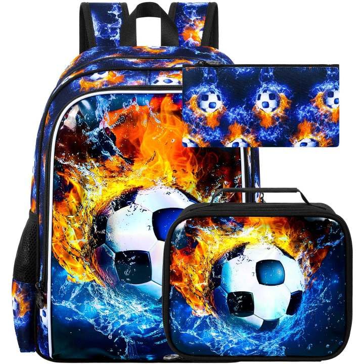 Image of 17 inch Soccer Backpack for Boy, 3Pcs Football School Backpacks with Lunch Box, Kids Bookbag for Elementary Preschool Kindergarten(Blue)