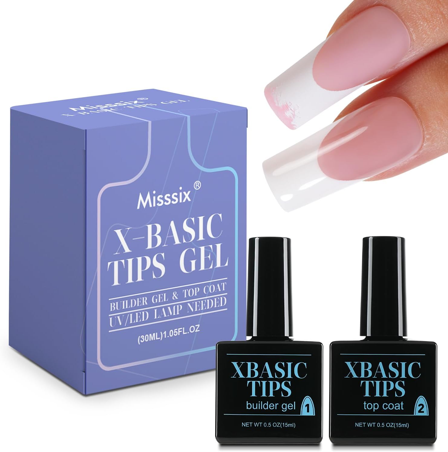 Misssix XBASICTIPS French Protecting Builder Gel and Top Coat, Prevent French Nail Tips Area chipping, Protect French Press on nails, 15ml