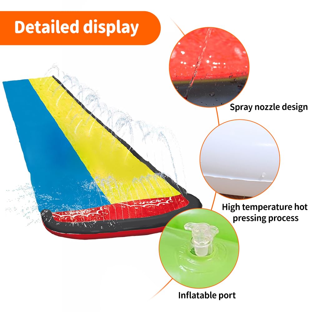 Toboggan aquatique de 480 cm, toboggans d'eau pour pelouse pour enfants avec 2 voies de course et 2 planches de carrosserie, toboggan aquatique glissant, tapis de toboggan aquatique, double