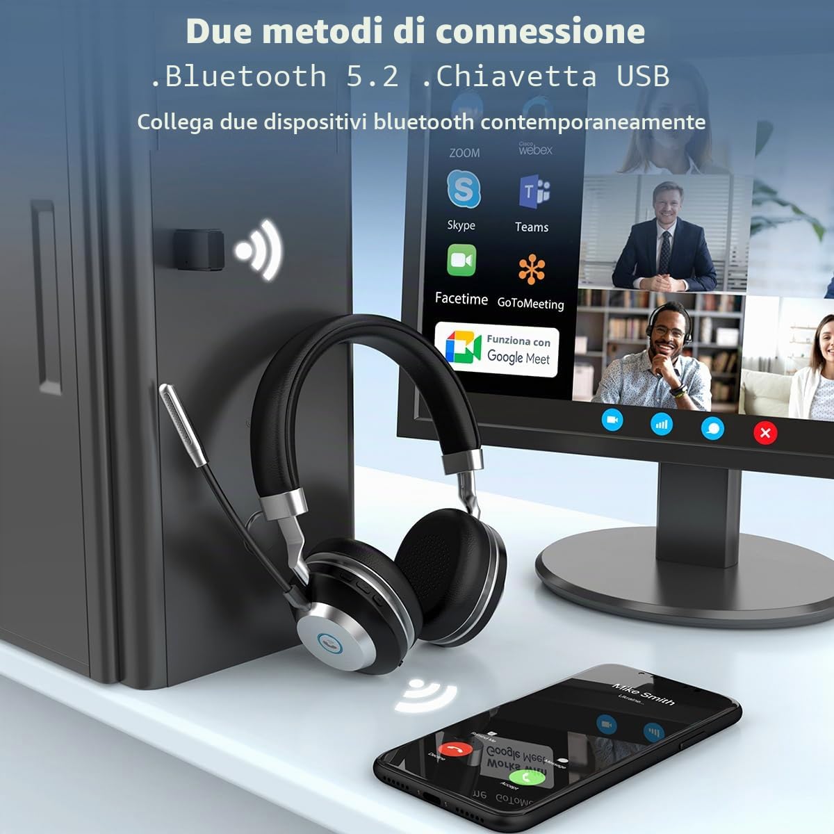 Wantek Cuffie senza fili Bluetooth con microfono dongle USB senza fili con microfono, dongle USB per PC/Ufficio/Zoom/Skype/Laptop