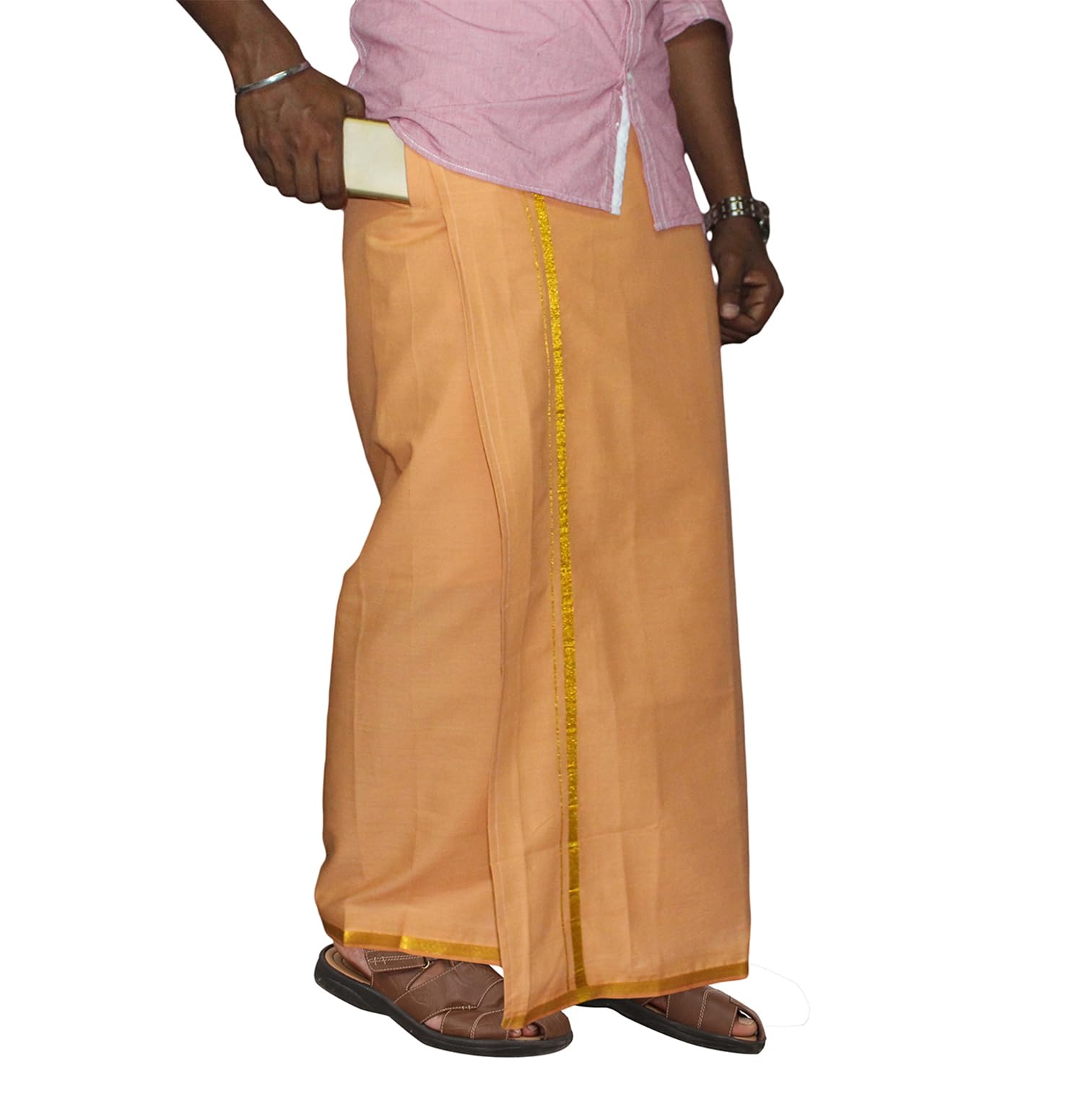 Prakasam Cotton Men's Single L.Kaavi Colour Fine Quality Welcro Pocket Jari Dhoti With Matching Jari Towel (Hip Size -44)