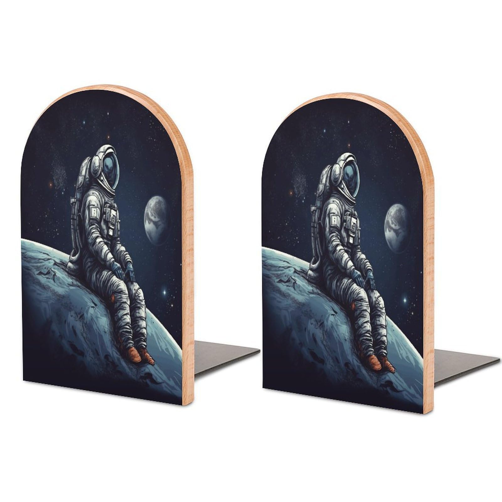 Astronaut Space Bookends for Shelves Non Skid Book Stoppers Universal Economy Bookend Heavy Duty Wood Book End Decorative Book Shelf Holder for Home Office Desk 1 Pair