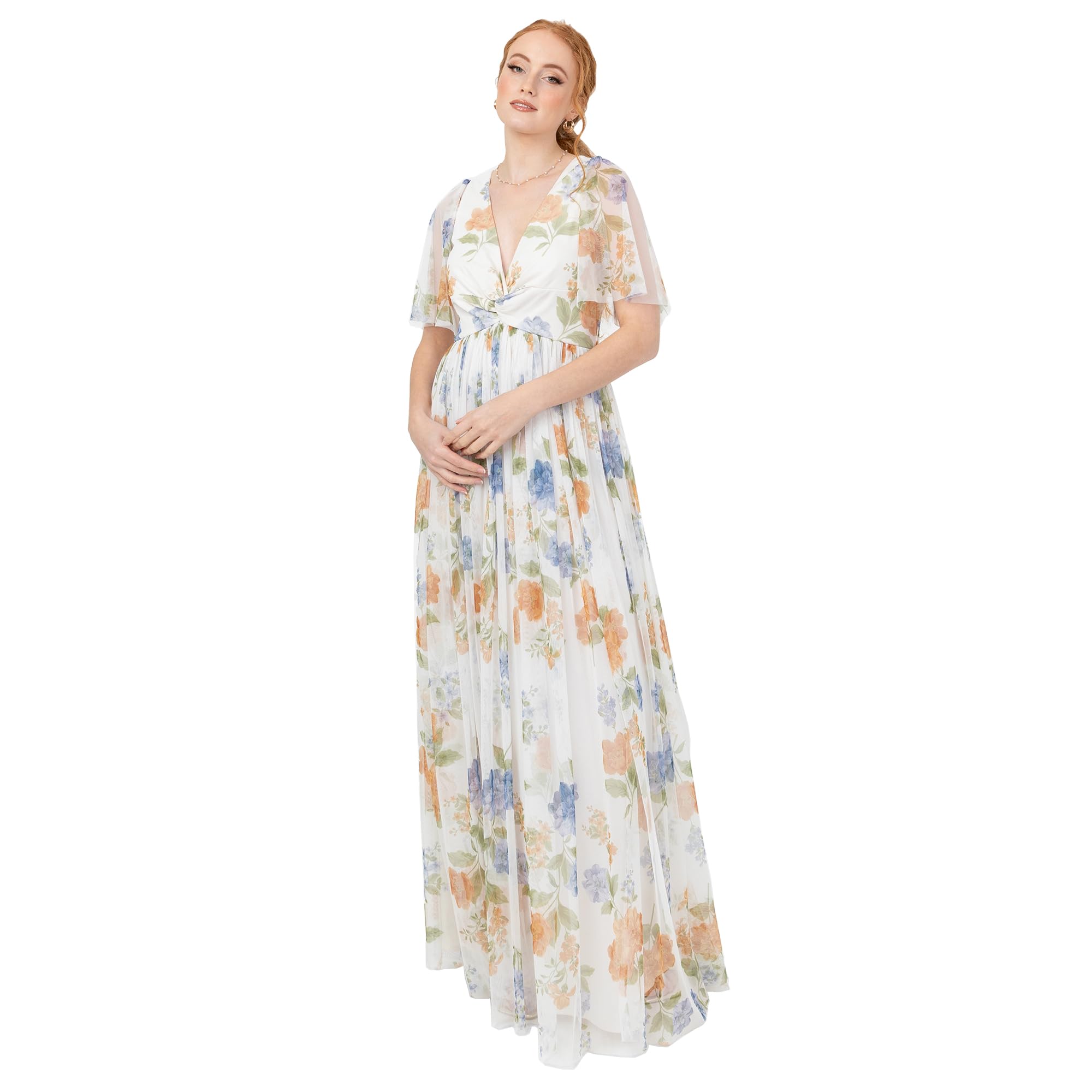 Women's Maxi Dress Ladies Short Flutter Sleeve V-Neck Twist Front Empire A-line Tulle Bridesmaid Wedding Guest Prom