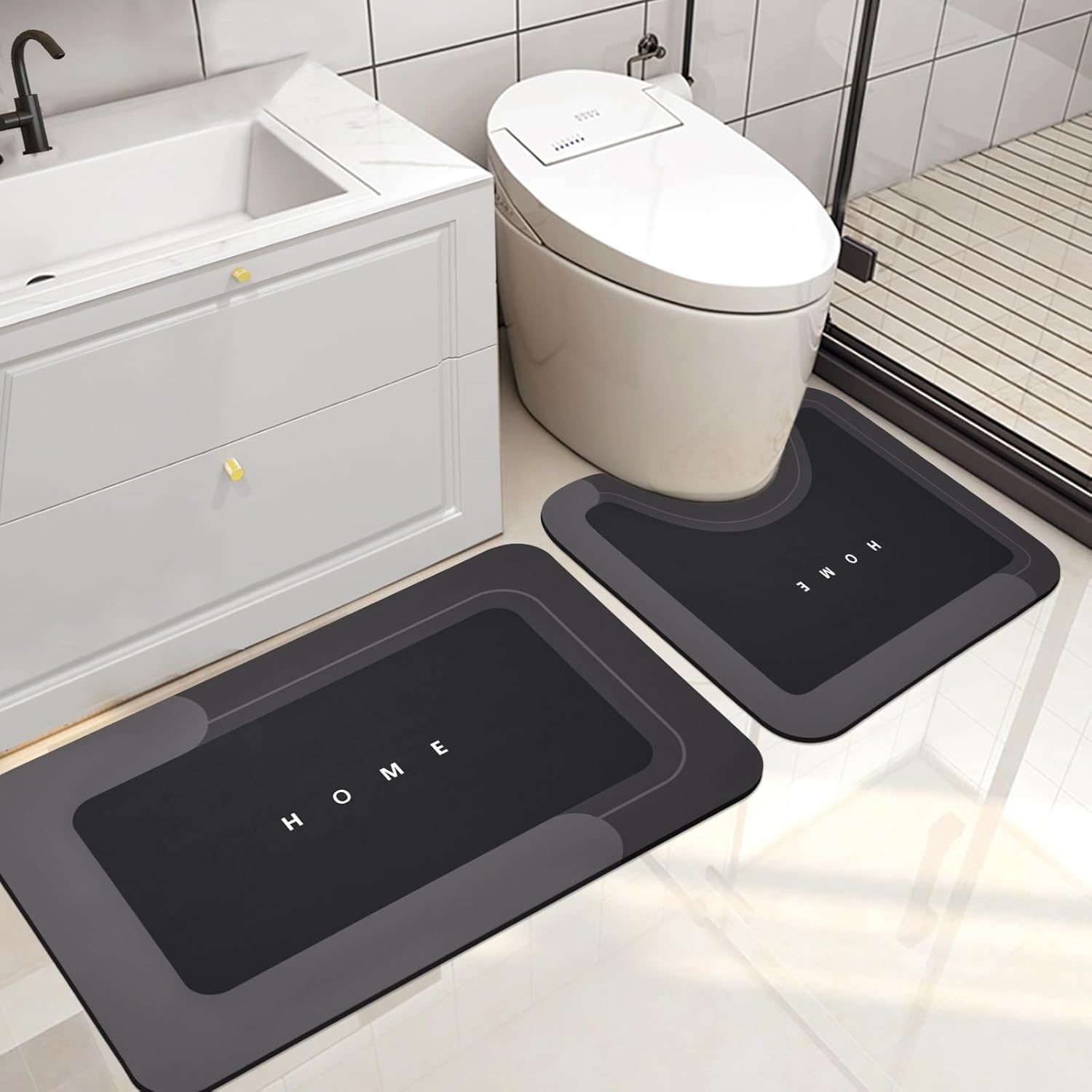 2PCS Super Absorbent Bath Mat Magic Rug Sets,Thin Quick Drying Bath Mat Non-Slip Floor Rug Rubber Backed for Bathroom Kitchen Shower Sink (Black)