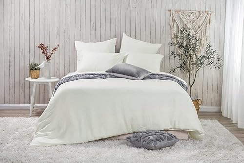 Funda de edredón de lino de algodón con fundas de almohada, juego de 3 piezas, tela lavada a la piedra vintage, estilo de doble costura con cierre