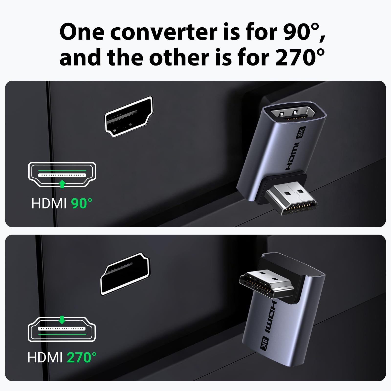 UGREEN HDMI 2.1 Kątowy Adapter, 90°+270°, 8K@60Hz, 4K@240Hz, 2 Sztuki | 8K HDMI Adapter, Aluminiowa Obudowa, 48Gbps, VRR, ALLM, QMS, QFT, HDR10, kompatybilny z PS5, Xbox, Switch, TV, Projektor