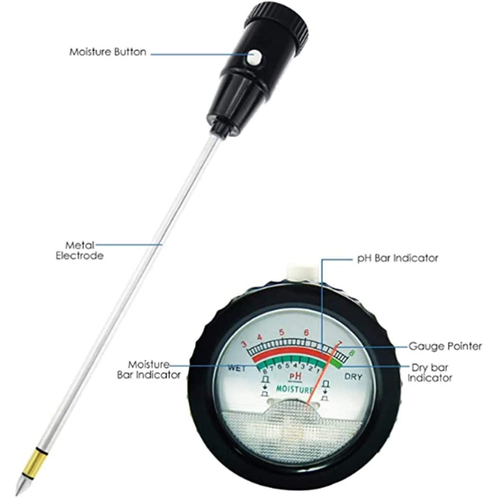 Tester wilgotności gleby, 2-w-1 wodoodporny zestaw testerów wilgotności gleby Ph z sondą elektrodową o długości 300 Mm, do pielęgnacji kwiatów/roślin doniczkowych/ogród/gospodarstwo/trawnik
