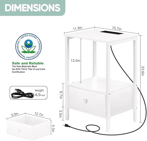 Miniatura 3 de Mesa auxiliar blanca con estación de carga, juego de 2 mesitas de noche con puertos USB y tomas de corriente, mesitas de noche para dormitorio, sala