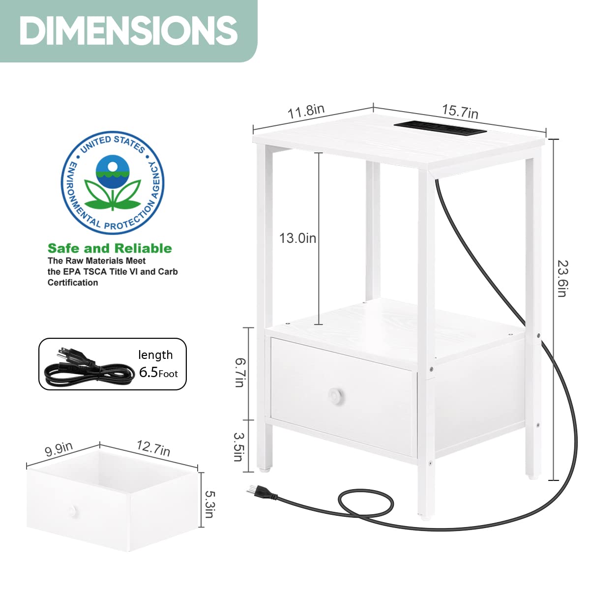 melos Side Table with Charging Station, Nightstand with USB Ports & Power Outlets, Narrow End Table with Drawer and Storage Shelf for Small Spaces, Bedside Tables for Bedroom, Living Room, White