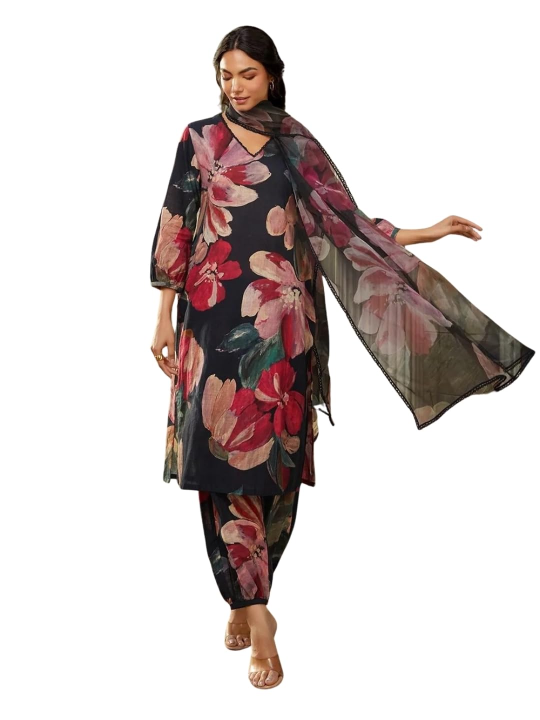 nainvish Floral Cotton Blend Straight Suit Set with Pant & Organza Dupatta | Elegant Ethnic Outfit for Women | Stylish Festival & Party Collection-picture-26