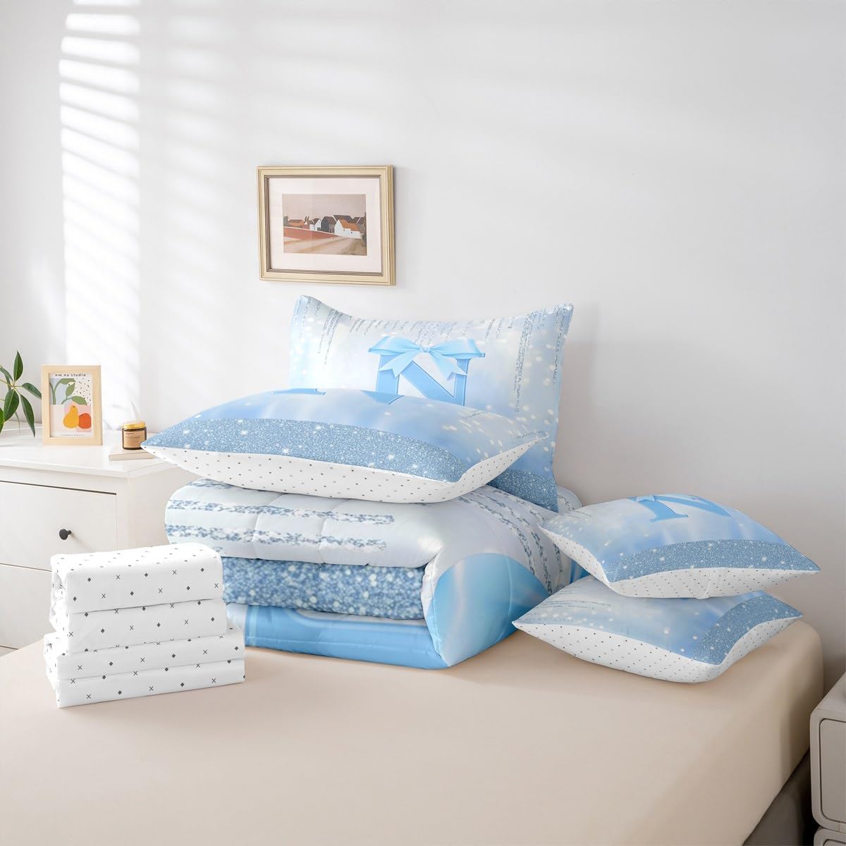 Feelyou Blue Bowknot Comforter Set with Sheets 7 Piece Full Size Initial Letter N Bed in a Bag Kids Boys Girls Princess Glitter Bedding Set Cute Bow Alphabet Breathable Soft
