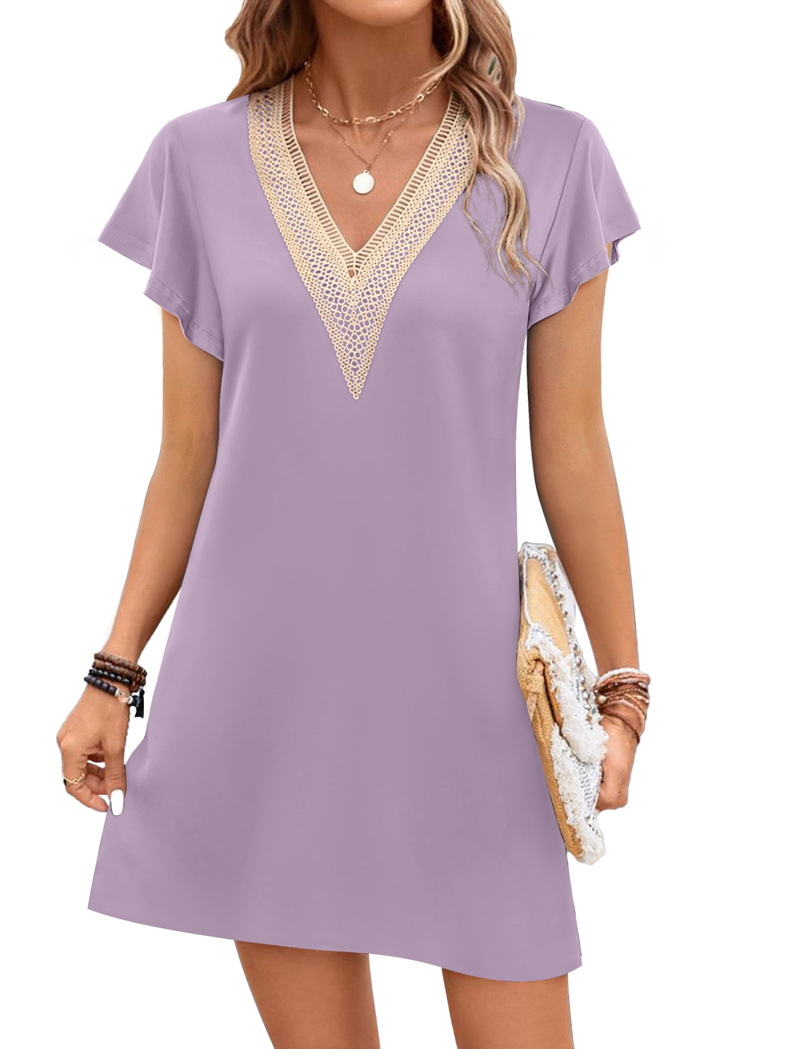 Ekouaer Nightgowns for Women Flare Short Sleeve Sleepshirt Guipure Lace V Neck Sleepwear Soft Pj Dress Night Shirt S-3XL