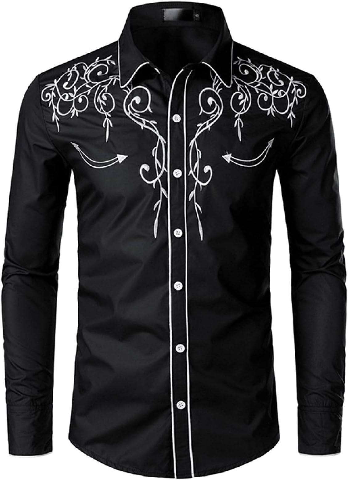N\WNW Mens Stylish Western Cowboy Shirt Embroidered Slim Fit Casual Long Sleeve Shirts Mens Wedding Party Shirt Black