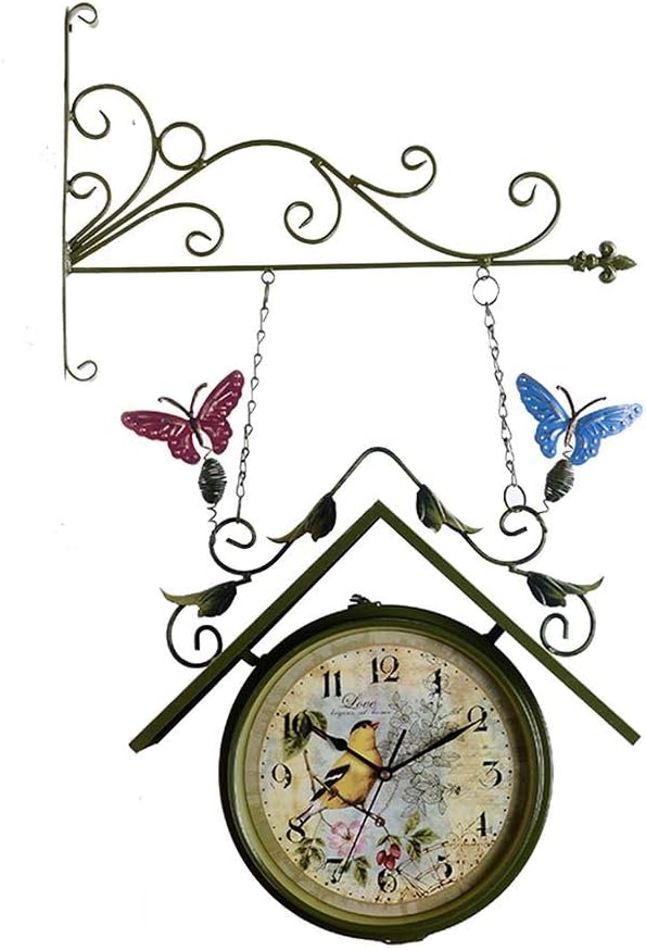 Clocks Double-Sided Hanging Clock Station Clock Garden Vintage Bracket Mounted Outdoor Indoor Wall Clock for Home Garden Decorative Wall Clock (Color : Green)