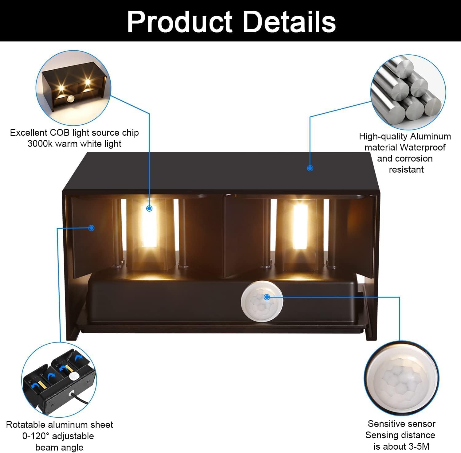 Kingwei 2 Stück 20 W LED-Wandleuchte für den Außenbereich, mit Bewegungsmelder, 3000 K, Außenleuchte, IP65, Wandleuchte mit verstellbarem Abstrahlwinkel, Up Down, Design innen/außen