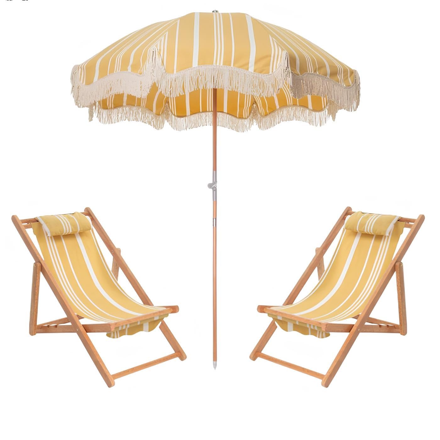GUOGLZ Garden Parasol, Yellow And White Striped Beach Parasols With Fringe Sun Umbrella With Tilt Outdoor Umbrellas For Lawn Deck(Yellow)