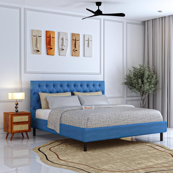 Image of Ganpati Arts Sheesham Wood Fabrio Upholstered King Size Bed Without Storage and Tufted Headboard | Durable Wooden Double Bed Cot Palang for Bedroom, Hotels and Home Furniture (Blue-1 Year Warranty)