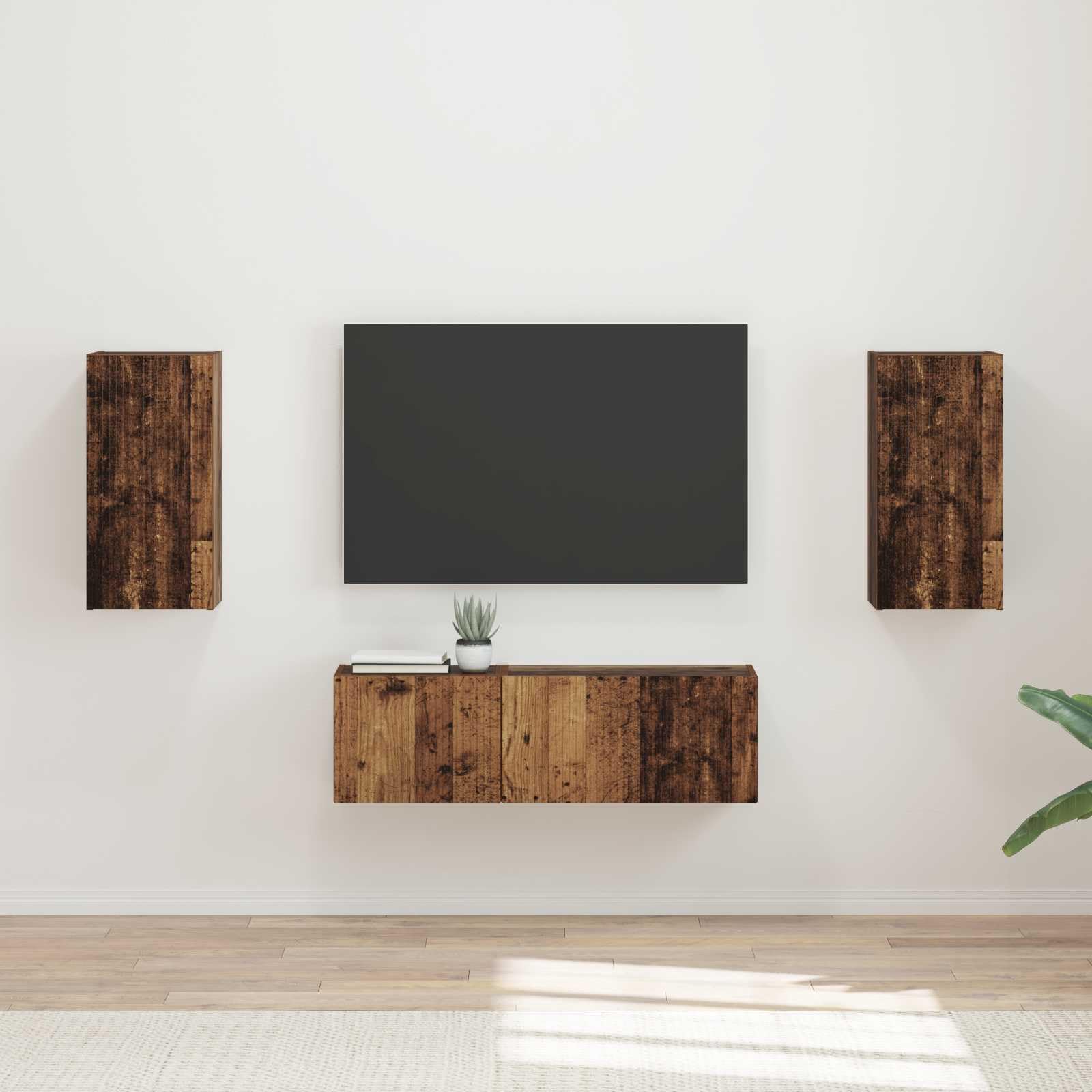 Set da 4 Mobili Porta TV a Parete in Legno Ingegnerizzato | Credenza sospesa per soggiorno con ante a ribalta 90 gradi e ripiani interni, ideale per riordinare console e DVD.
