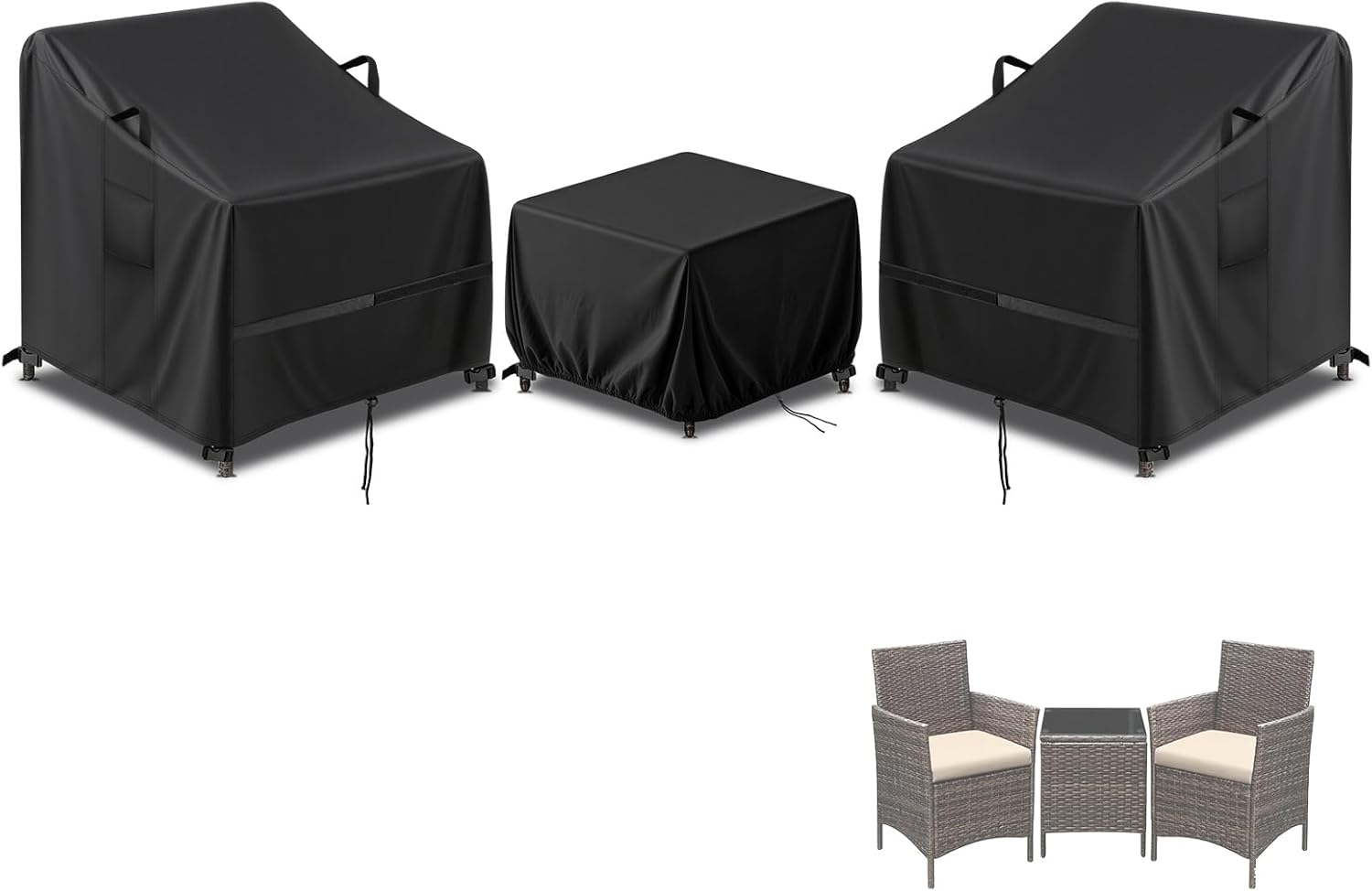 Covers for Devoko/Greesum 3 Pieces Patio Furniture Sets Rattan Wicker Chairs with Table,Waterproof Patio 3 Piece Bistro Set Cover, Outdoor Cover for Small Table and Chairs Set of 2