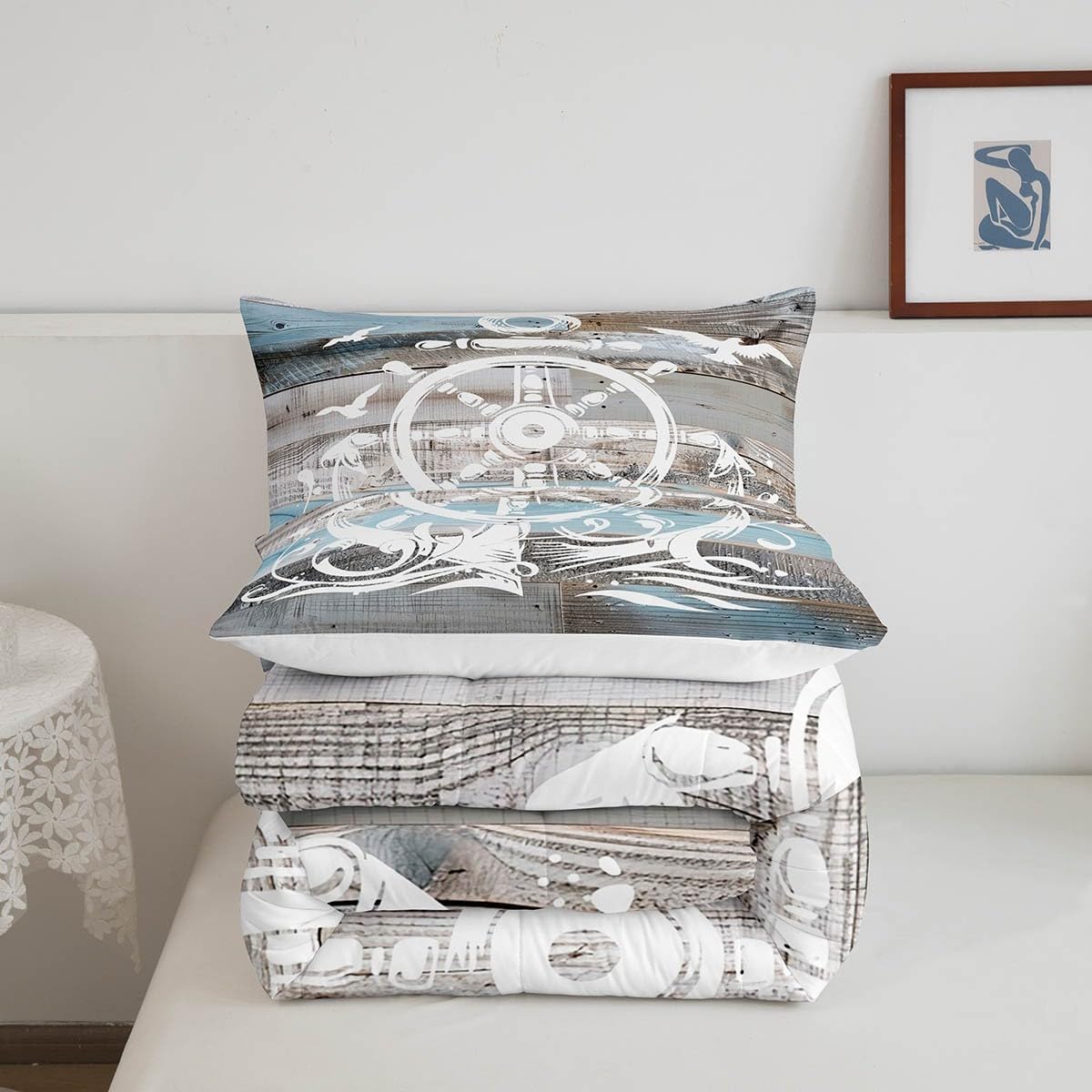 Erosebridal Nautical Anchor Comforter Set, Ocean Compass Bedding Set Queen Size for Kids Boys Teens Adult Bedroom, Old Barn Door Down Comforter Rustic Farmhouse Quilted Duvet with 2 Pillow Cases