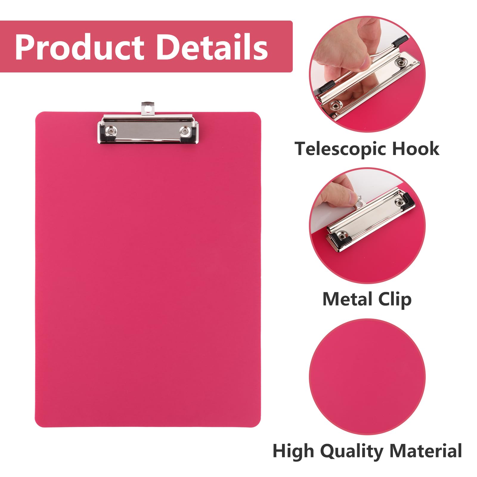 10 portapapeles A4, de plástico A4, con pinza de metal y anilla para colgar, 315 x 225 mm, color rosa, A4, para escuela, hogar, oficina