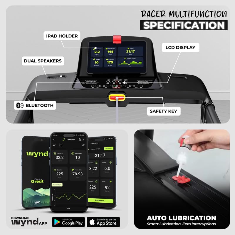 Image of Racer Multifunction 5 HP Peak BLDC Motorized Treadmill| 120 Kg User Weight| 16 Km /Hr Max Speed | Hydraulic Foldable| Bluetooth Speaker | Wynd app | Home use