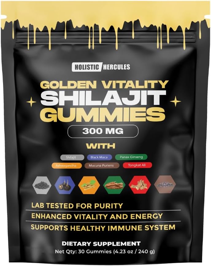 Holistic Hercules Himalayan Gold Shilajit Gummies with Ashwagandha Black Maca Tongkat Ali Panax Ginseng Mucuna | 100% Natural Organic | Vegan Non-GMO Sugar-Free (30)