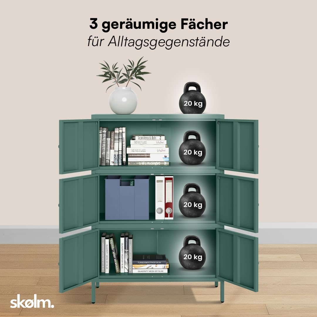 skølm Atriona Metall Kommode – Sideboard mit 3 Fächern & 6 Türen – Metallschrank in Dunkelgrün – Mehrzweckschrank – Highboard 80 cm breit – höhenverstellbare Füße – Aufbewahrungsschrank – Flurschrank