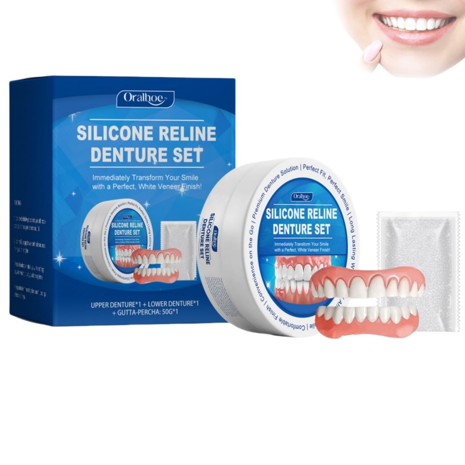 シリコン入れ歯セット シリコン製 着脱簡単 美白対応 再利用可能な上下入れ歯セット 飲食OK 男女兼用 ポータブル義歯 ケース付き 自信を持って微笑む 自然で快適 洗浄が簡単