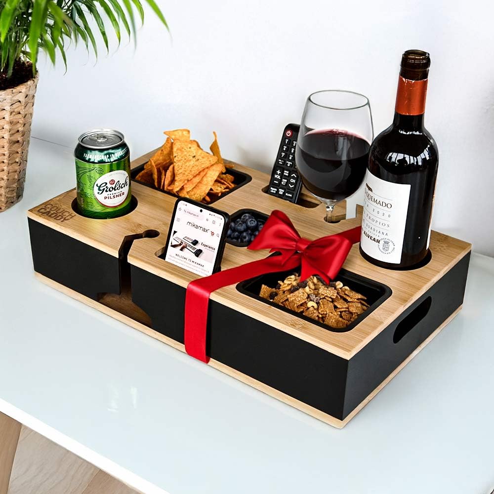 mikamax Couchbar für Sofa-Armlehne – Couch-Caddy & Organizer zur Ablage von Getränken, Snacks und Fernbedienung – Schwarz