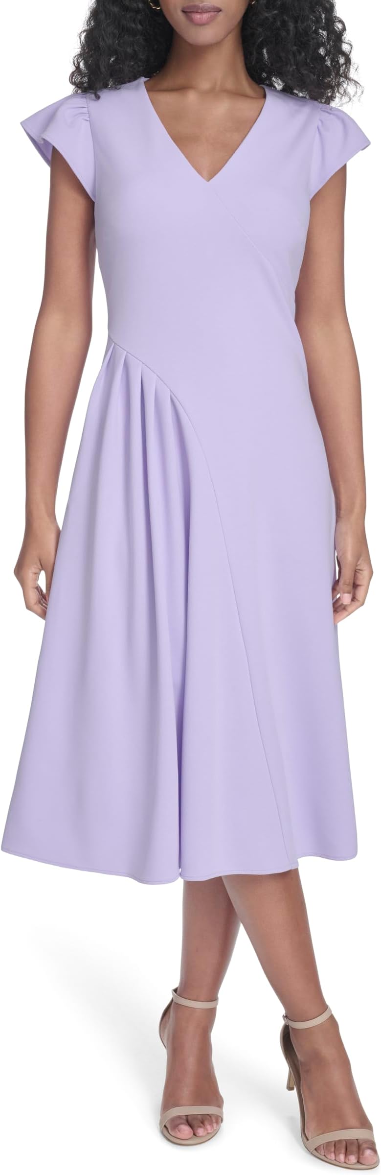 Women's Cap Sleeve V Neck Solid Scuba Crepe Asymmetrical A-line Midi Dress