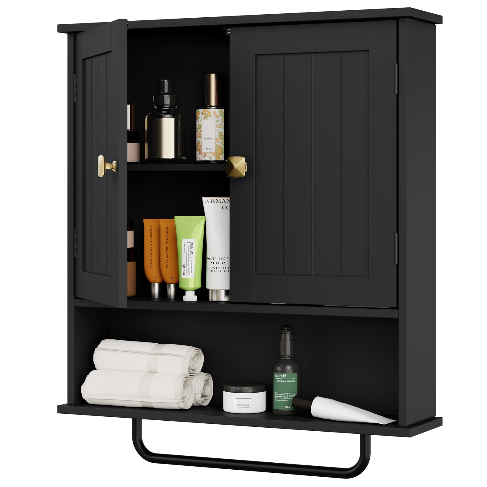 RRX Bathroom Cabinet Wall Mounted Medicine Cabinets with Towels Bar (Black)