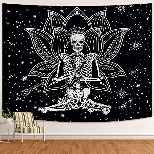 GUIFIER Skull Tapestry Meditation Skeleton Tapestry Psychedelic Lotus Tapestry Starry Tapestry Yoga Meditation Tapestry Black and White Stars Tapestry for Room 80"L x 60"W