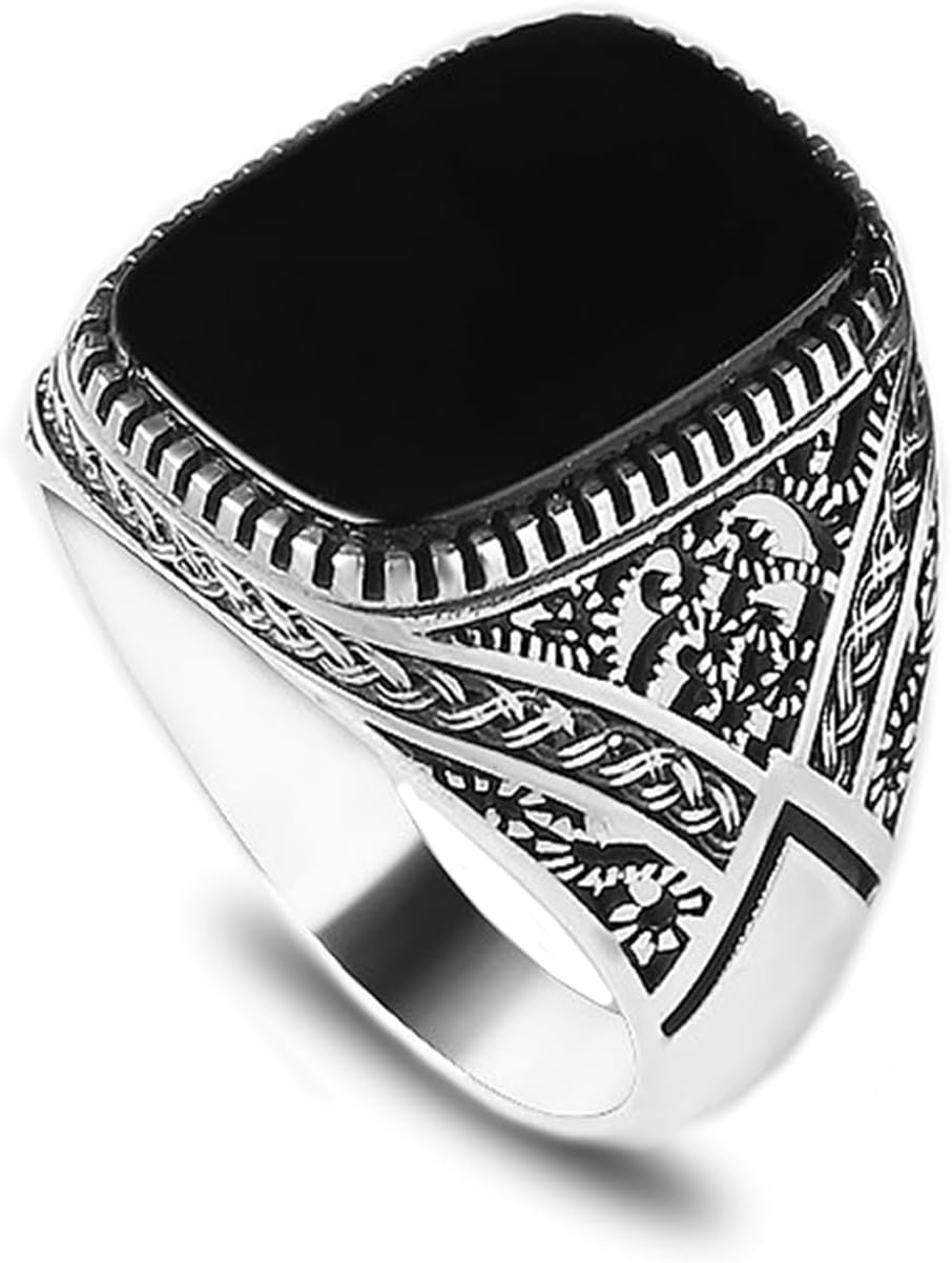 Silver Plated Steel Men's Ring with Black Onyx – Square Cushion Stone Signet Ring | High-Detail Engraved Sides, Durable Stainless Steel Men’s Fashion Jewelry