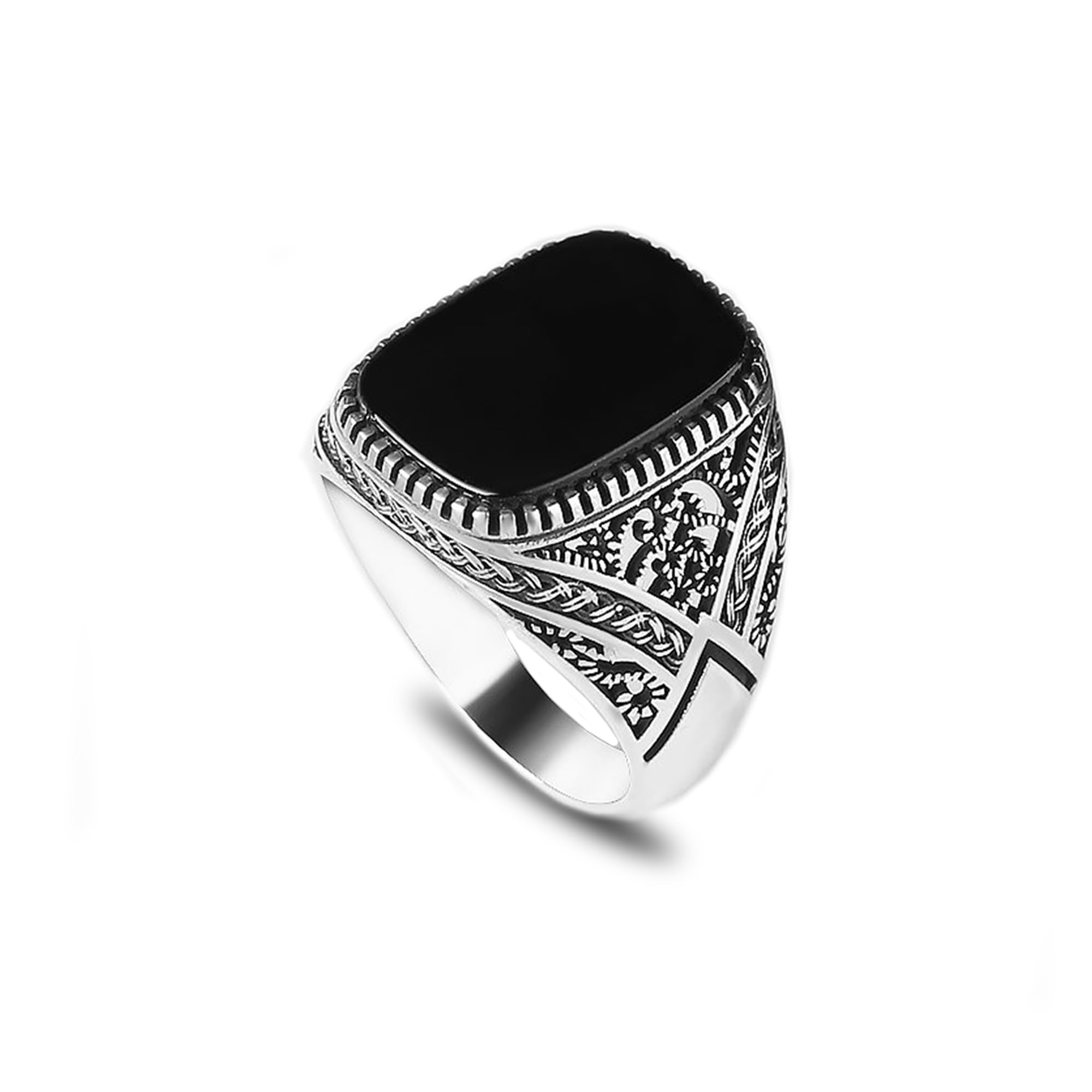 Silver Plated Steel Men's Ring with Black Onyx – Square Cushion Stone Signet Ring | High-Detail Engraved Sides, Durable Stainless Steel Men’s Fashion Jewelry