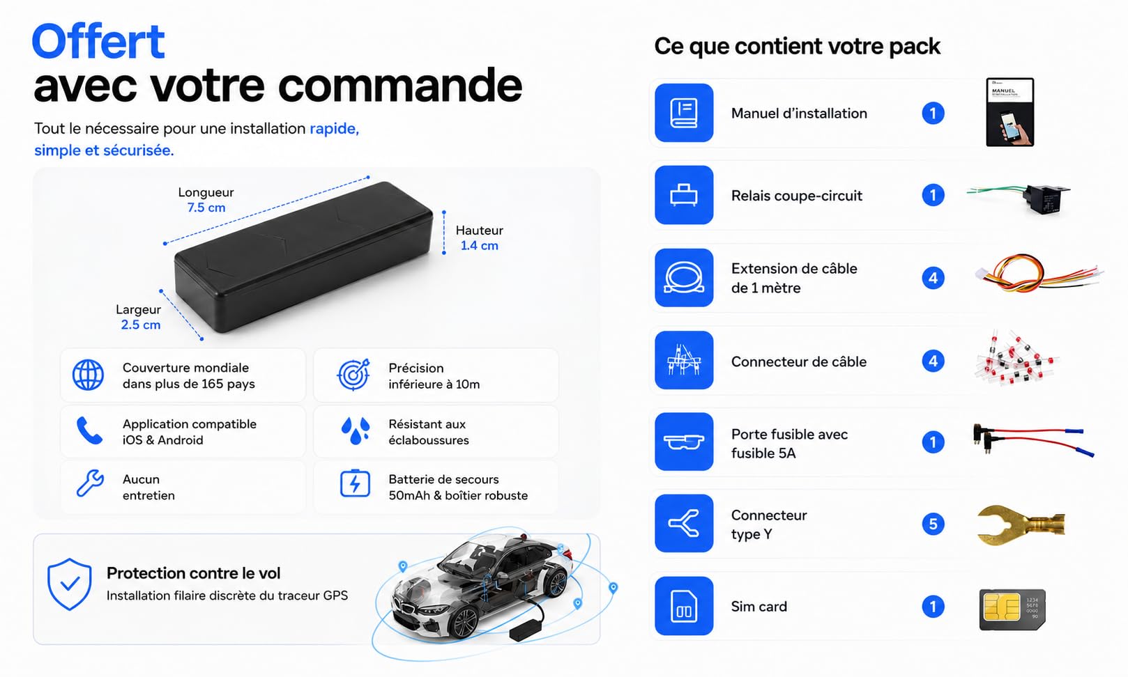 Rastreador GPS WireTrack – Localizador en tiempo real para coche, motocicleta, camión – Seguimiento GPS preciso, alerta de desbordamiento de velocidad y zona, inmovilización remota, aplicación móvil y