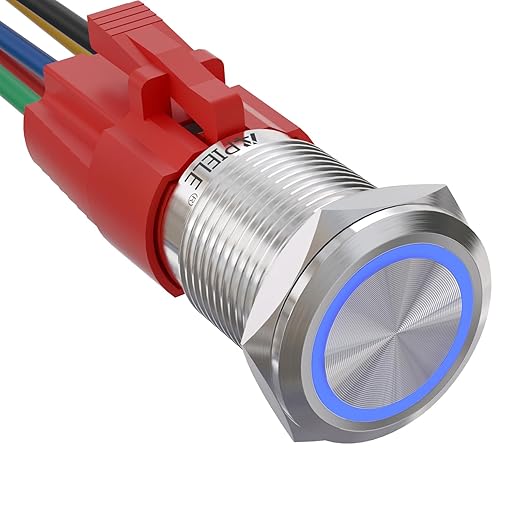 APIELE 16mm Latching Push Button Switch 12V DC On Off Stainless Steel with LED Angel Eye Head for 0.63" Mounting Hole with Wire Socket Plug Self-Locking(Blue)