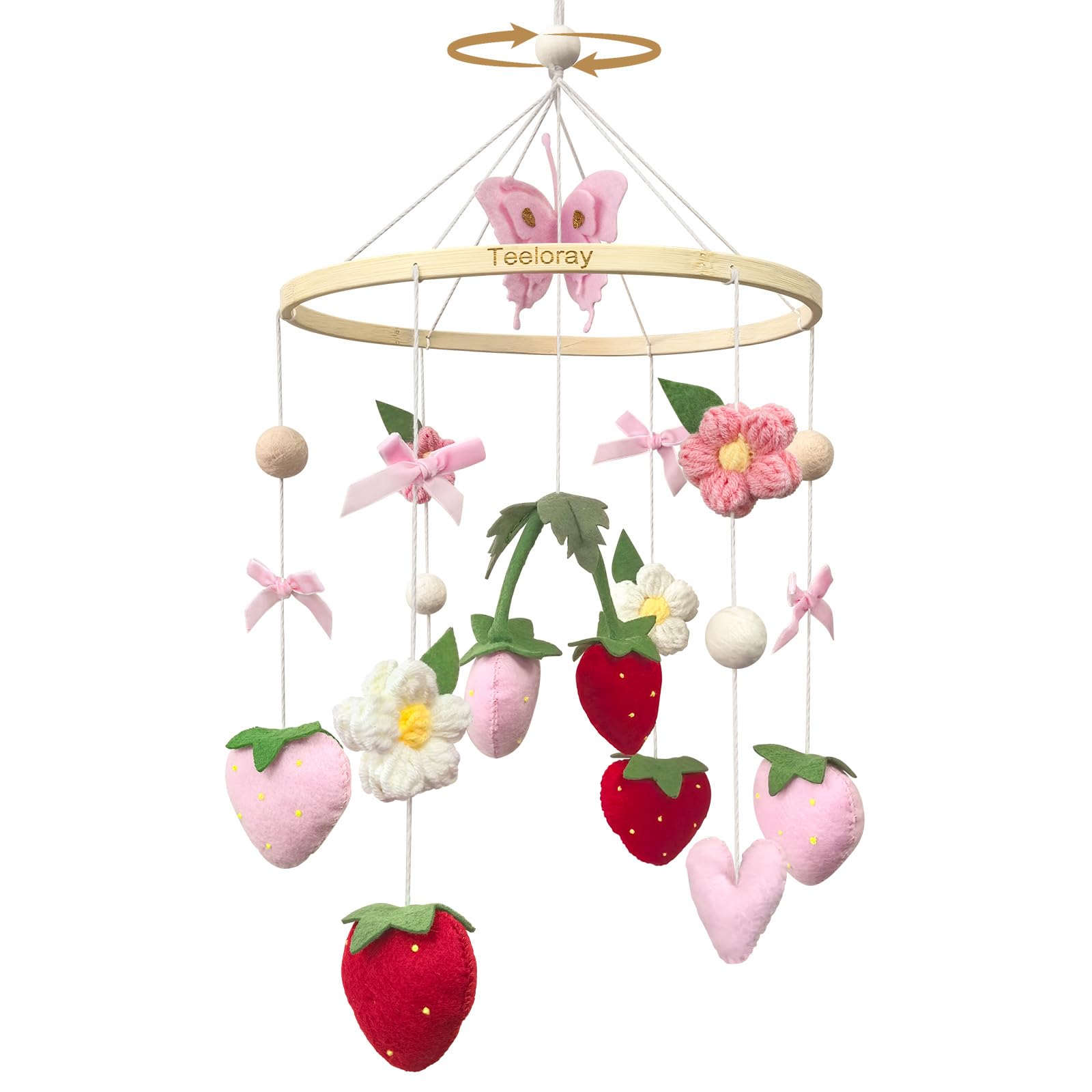 Mobile Baby with Strawberry, Flowers and Felt Balls Girls Baby Mobile Wind Chime for Baby Cot, Mobile Baby Changing Table, Nursery Baby Room Decoration, Gift (Strawberry)