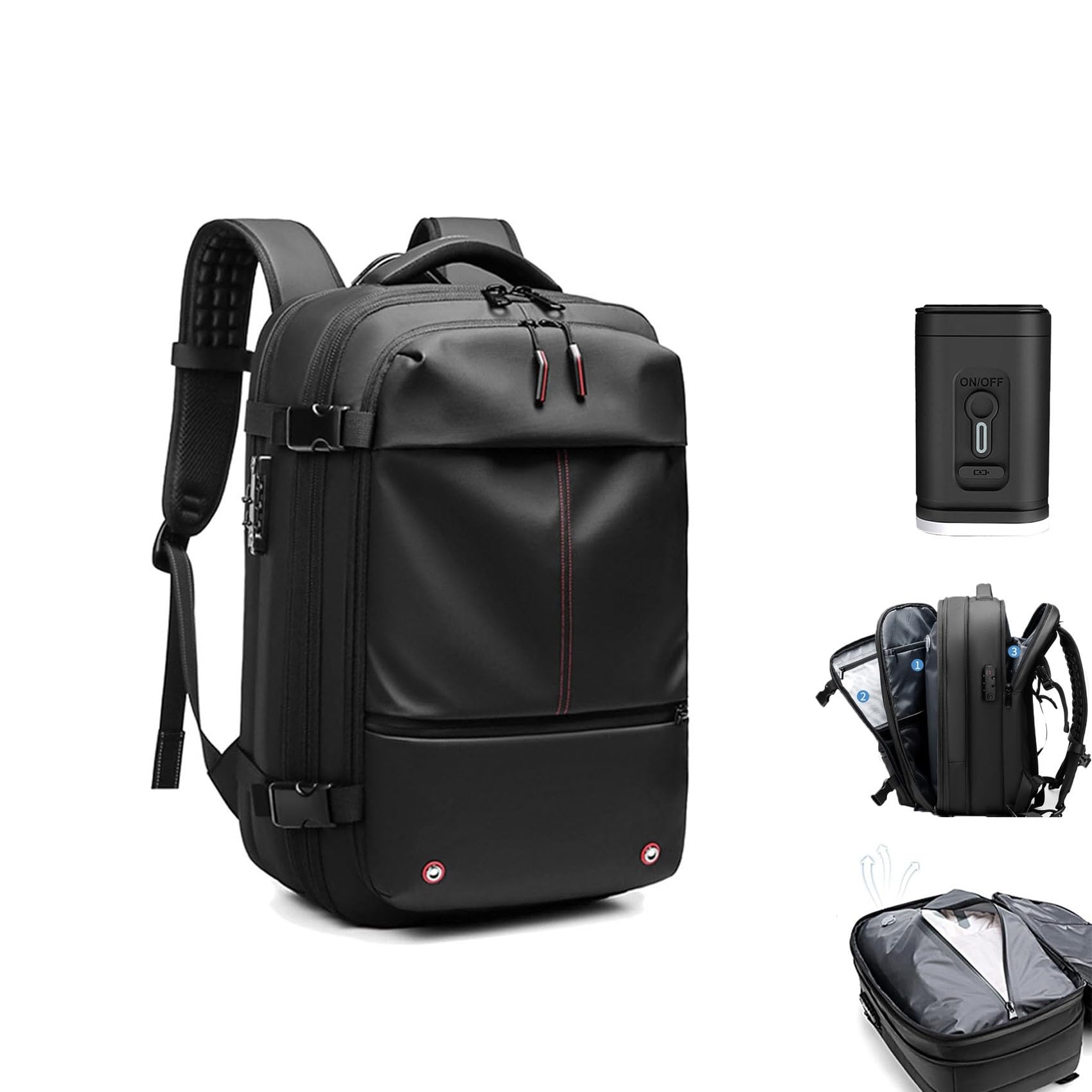 Sac à Dos Extensible 60 L avec Compression Sous Vide, Résistant à L'eau, Antivol, Sac à Dos de Voyage sous Vide Vacpack de Seymal (Noir, 19.3 * 12.6 * 5.9 inches)