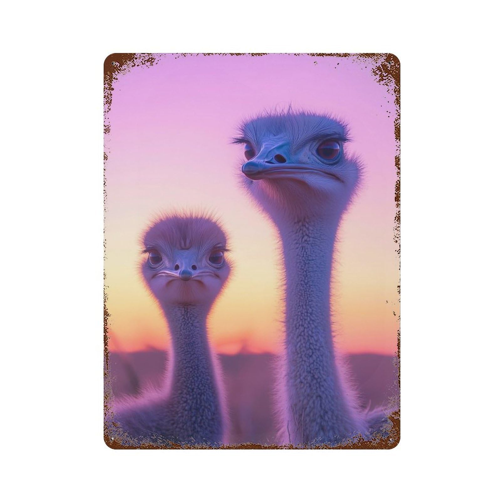 Distressed Metal Wall Sign with Ostrich Sunset Portrait Design 15.7"x11.8", for Living Room, Hallway And Home Decor, Vintage Wall Decor