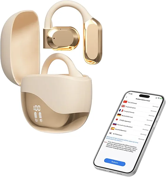 Language Translator Earbuds, 3 in 1 Translation Earbuds in Real Time, Bluetooth Translator Device, Earhook Translation Headset for Business Learning & Meetings & Travel (Gold)