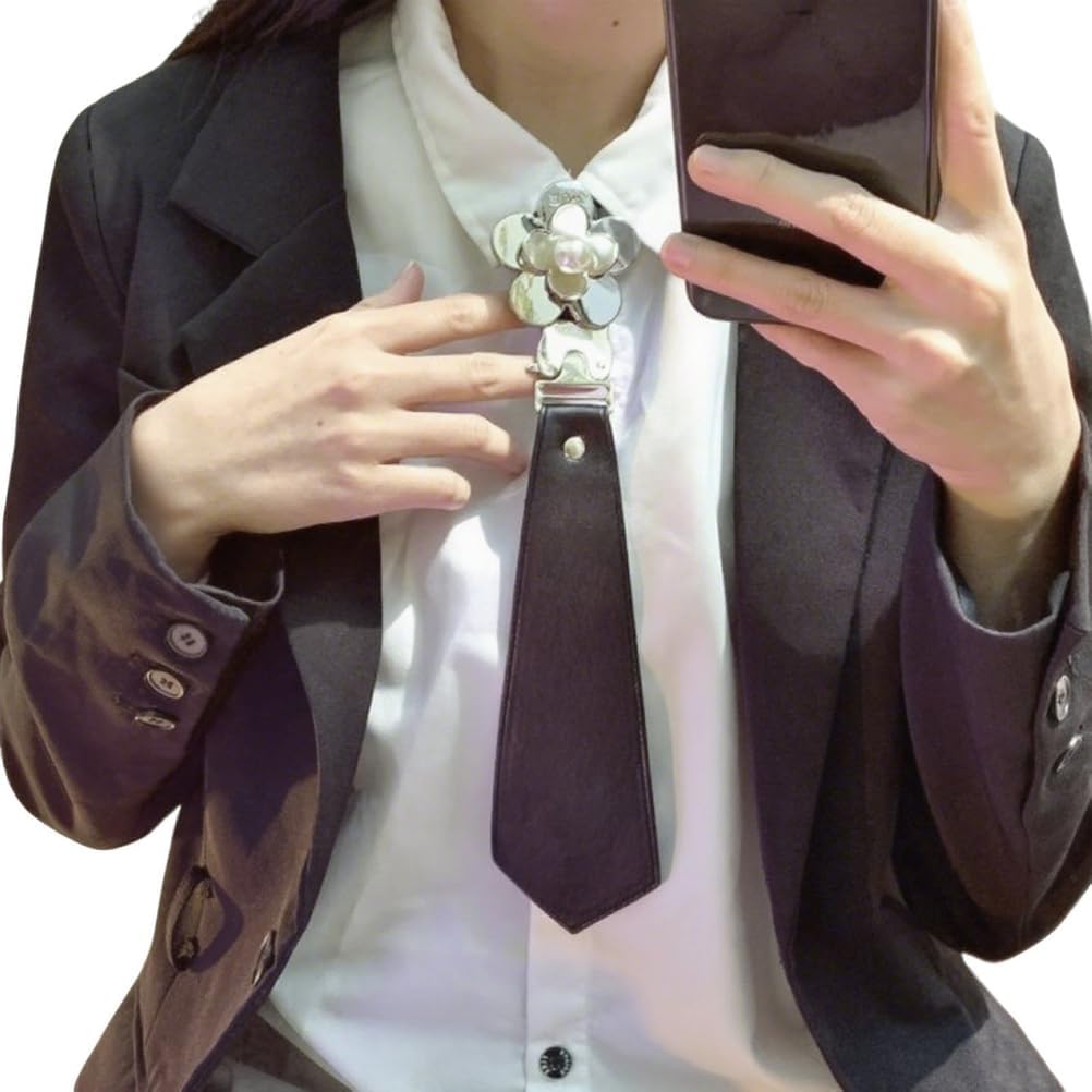 Black Faux Leather Short Necktie for Women Men with Pearl Flower Metal Clip, Fashion Punk Adjustable Party Tie