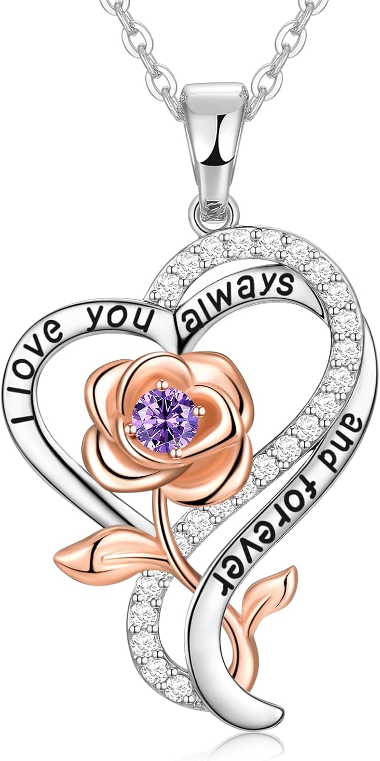 Rose Heart Necklace for Women 925 Sterling Silver Necklaces for Women, Birthstone Necklaces Gifts for Women Birthday Gifts for Wife Gifts for Anniversary Christmas Gifts for Women Jewelry Valentines Gifts for Her