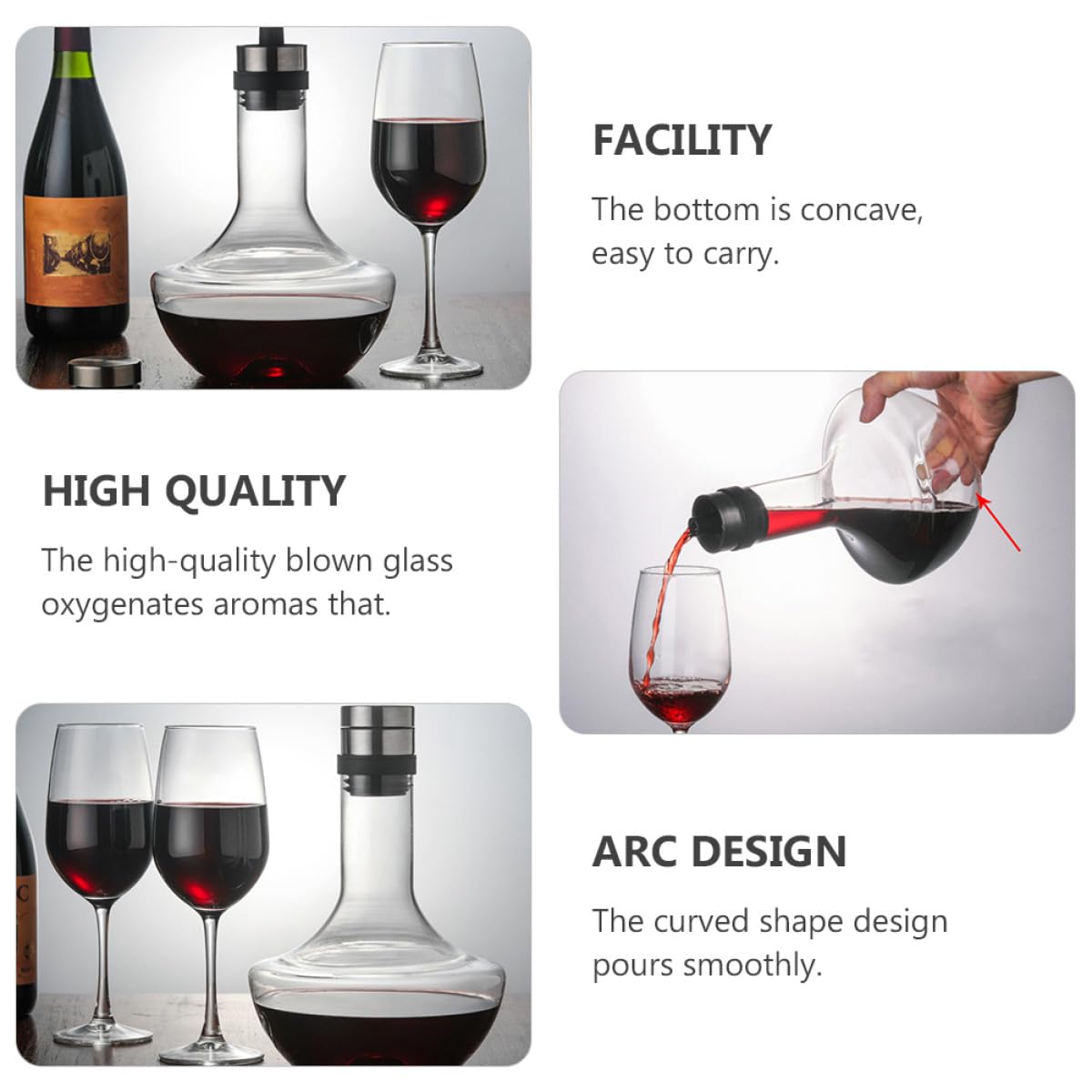 Gadpiparty Decanter di Vetro 1000ml per Vino Forma Curva, Aeratore Rapido e Facile da Tenere, Caraffa per Degustazione e Servizio Vino a Casa