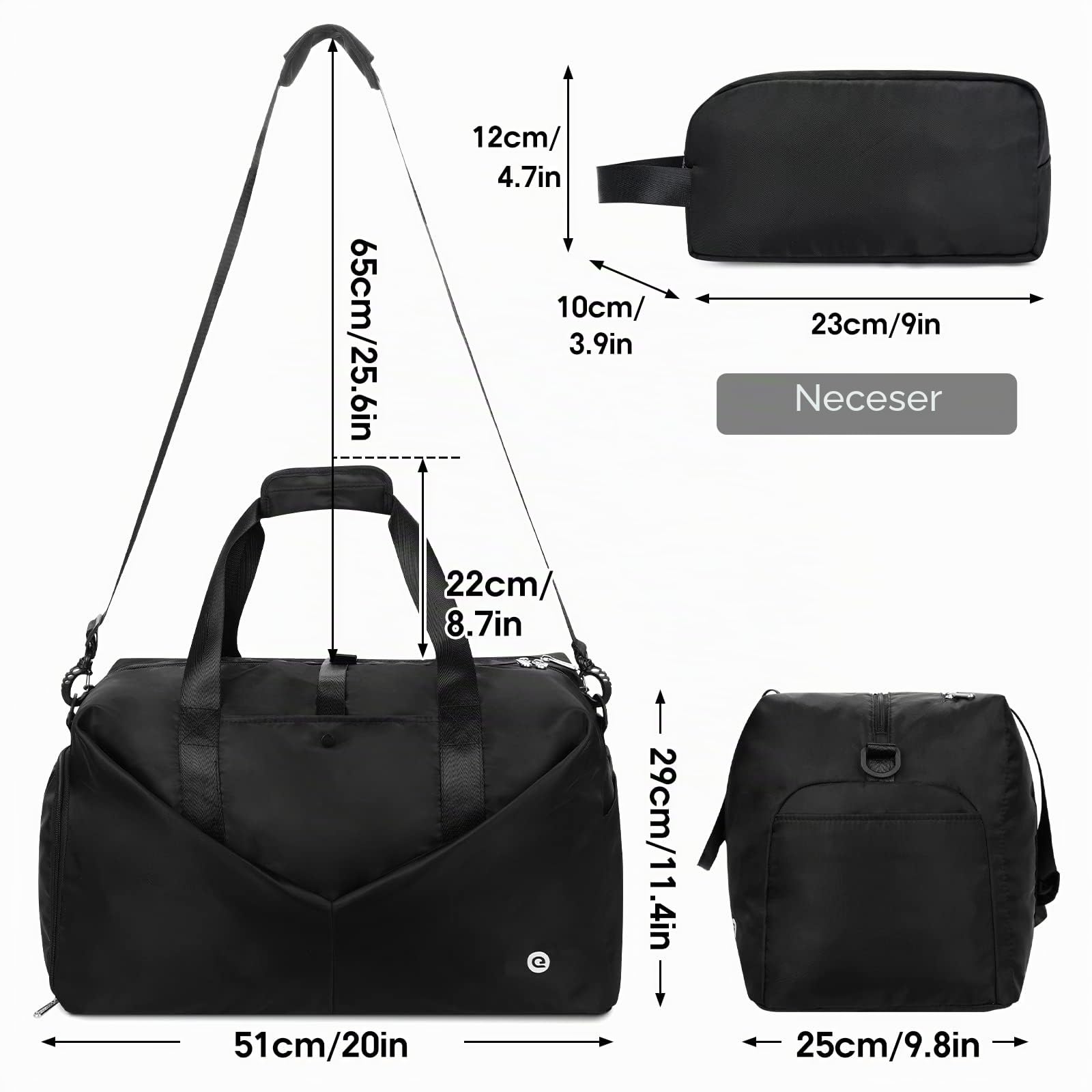 Ceneda Bolsa de Deporte clásica con Compartimento para Zapatos y Compartimento húmedo, portátil, Bolsa de Fin de Semana, Bolsa de Viaje, Bolsa de Yoga, para Hombre y Mujer (Negro)