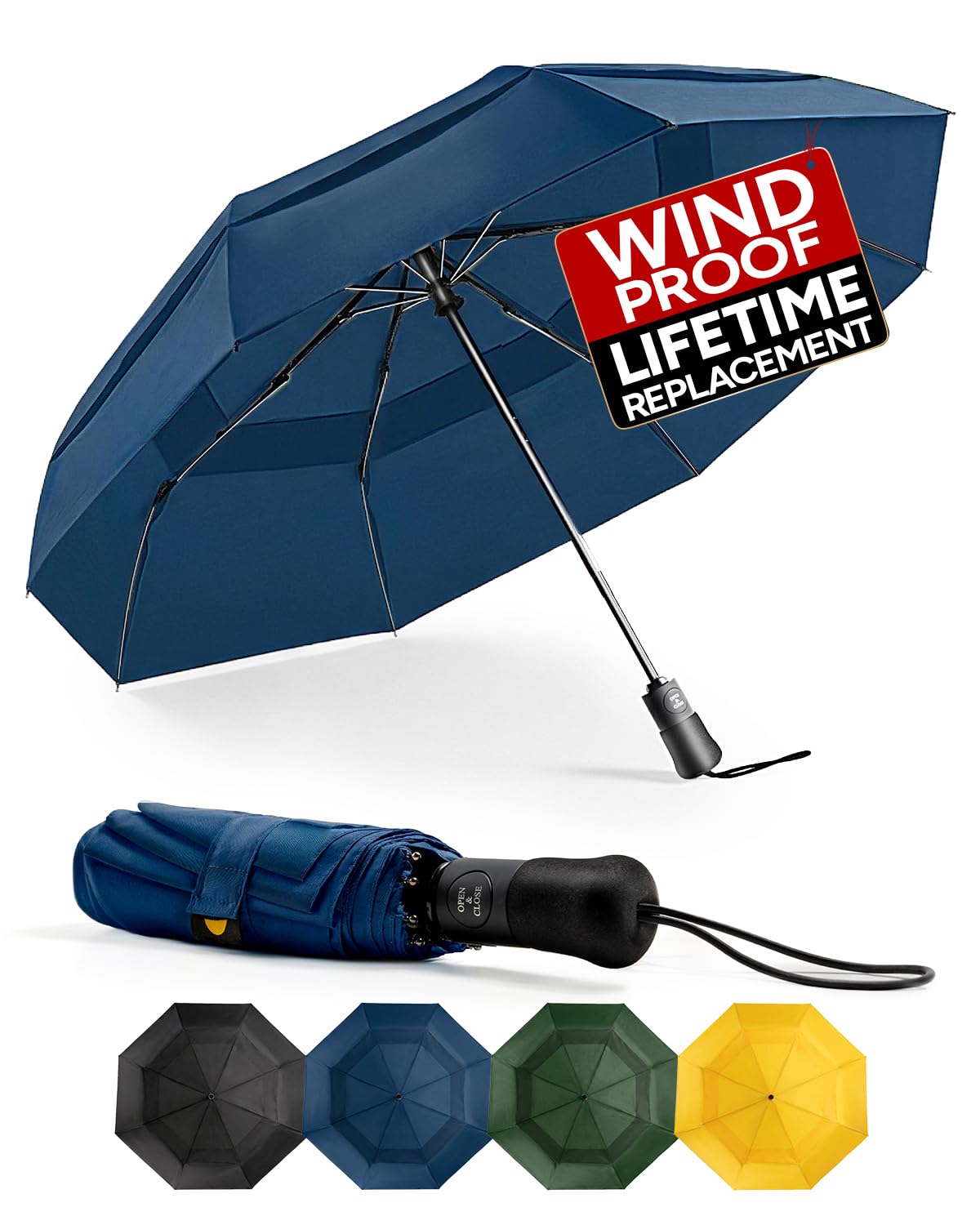 Chakipee Compact Travel Umbrella Windproof Strong- Automatic Folding Umbrellas for Wind and Rain, Double Vented Canopy 210T Fabric 106cm Span - 8 Ribs Portable Umbrella for Men and Women Blue
