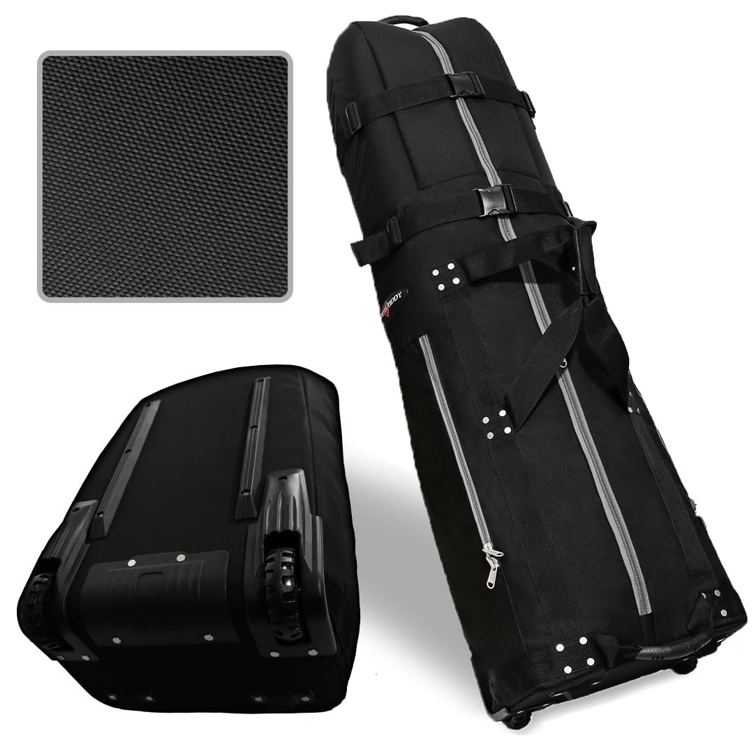 CaddyDaddy First Class Military Grade Ballistic Nylon Travel Cover with EVA Dense Foam Top Padding 2 Year Full Replacement Coverage Self Standing Base XL Wheels Case for Transporting Clubs on Airlines