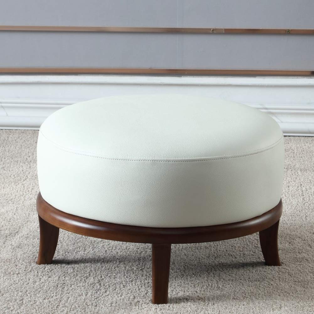 Tabouret ottoman rond blanc similicuir bois repose-pieds salon
