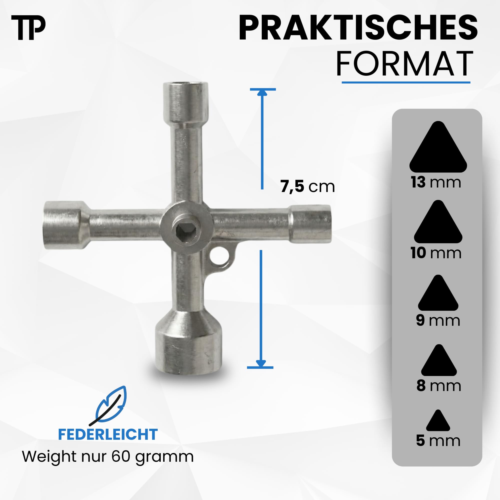 Chiave triangolare a 4 vie multifunzione – Chiave triangolare universale – bidone della spazzatura in metallo con superficie zincata – (13 mm/10 mm/9 mm/8,5 mm/5 mm)